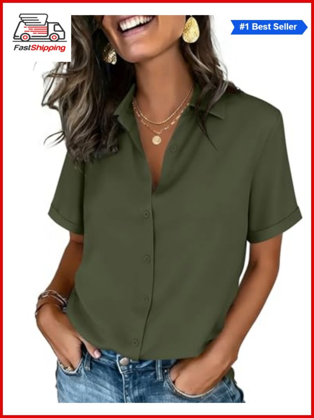 ✨ Zeagoo Women's Button Down Shirt Short Sleeve V-Neck Roll-Up Cuff Dressy